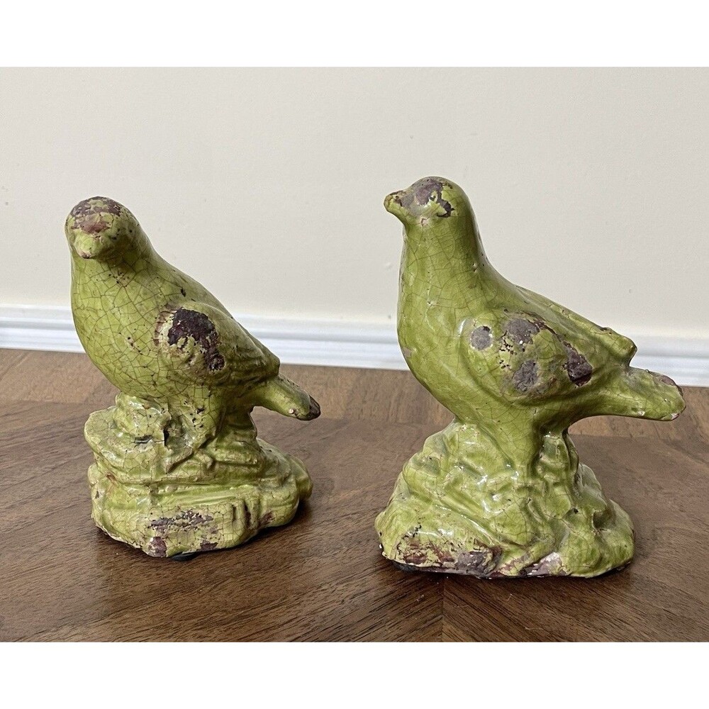 MCM Green Crackle Glaze Art Pottery Bird Figures Set Of 2 Farmhouse Bird Lovers